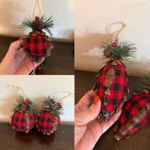 Eight pieces Hobby Lobby Red & Black Plaid Ornament with Pinecone and Greenery